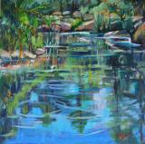 Graceful Pond, Plein Air, 18" x 18", oil on canvas.  Of a pond along the Big Thompson River outside Loveland, CO. 